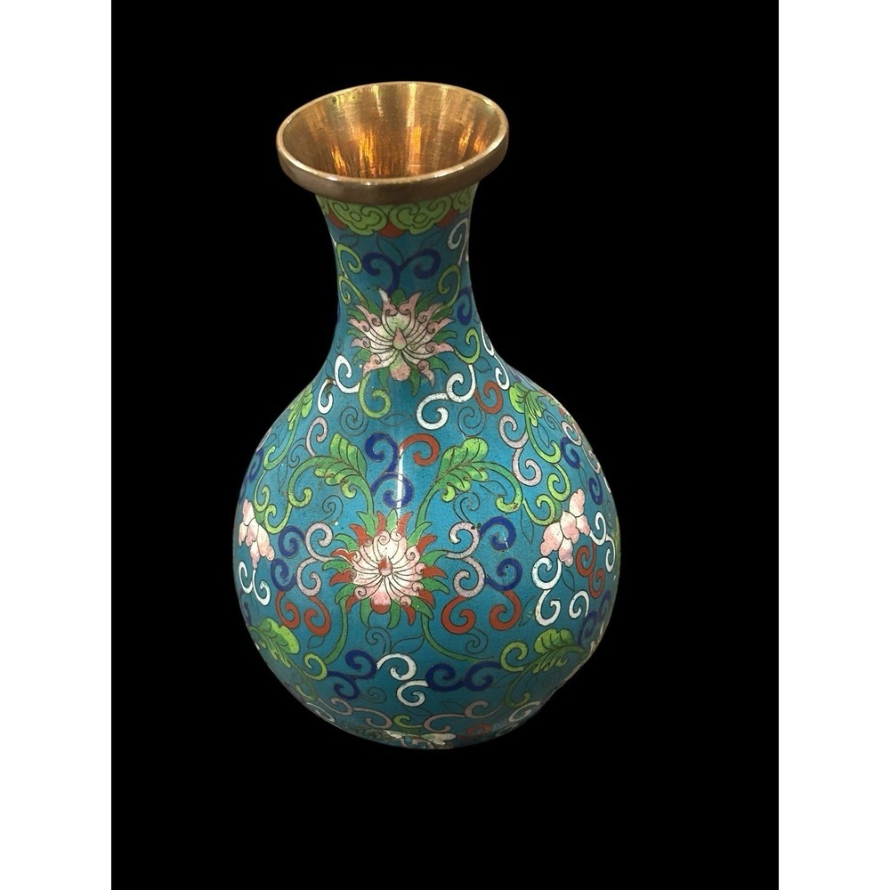 Vintage Chinese Cloisonné Vase 8" Blue Flowers Brass Enamel Design - Picture 2 of 10